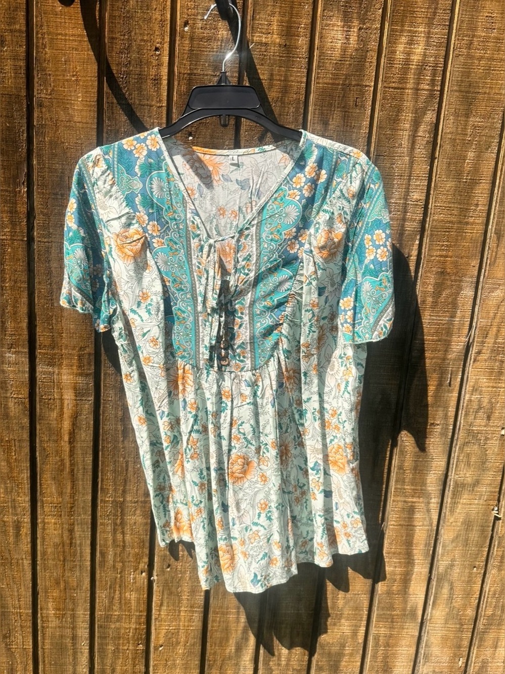 F-14 Women's Teal & Cream Floral Tie-Front Peasant Top Sz Large